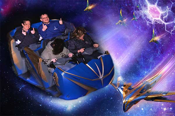 Kristen and Manny on Guardians of the Galaxy: Cosmic Rewind